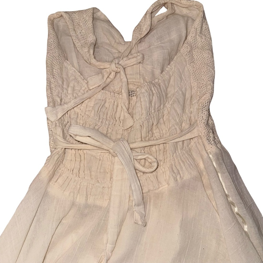 True Vintage 1970s Ivory Boho Halter Dress Crochet Lace Smocked Waist Prairie - Picture 6 of 12
